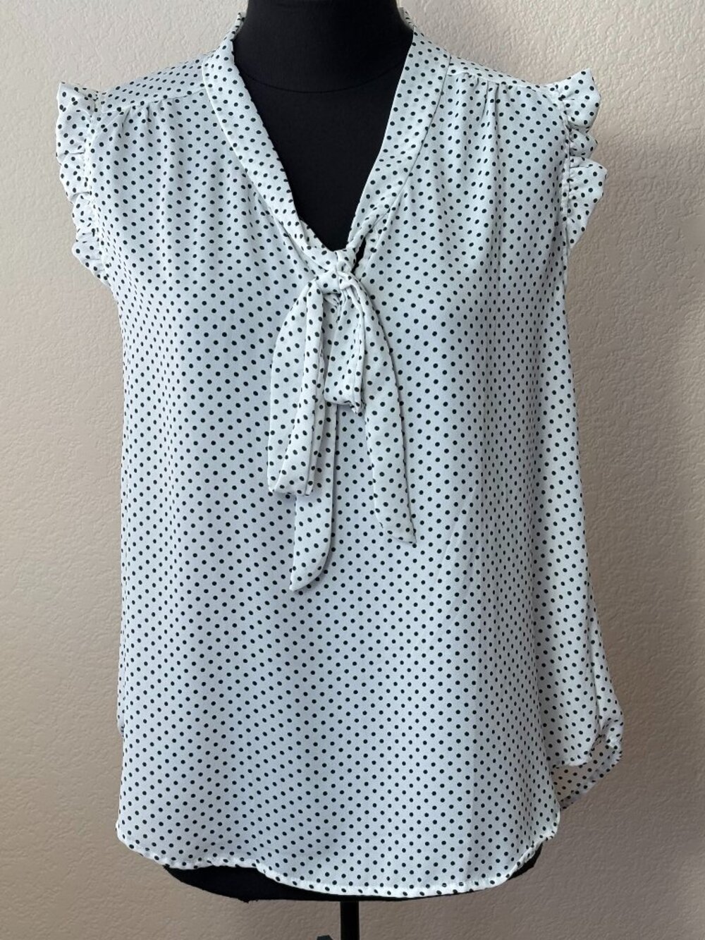 Jon & Anna Polka Dot Tie Neck Ruffle Sleeve Blouse Medium